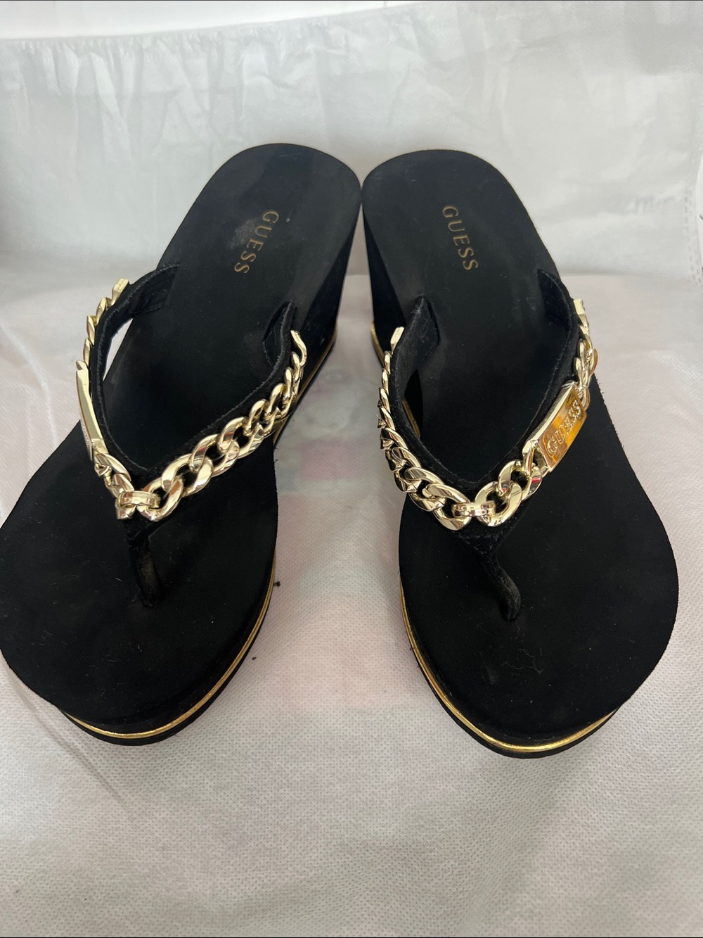 GUESS Black Wedge Sandals with Gold Chain Detail